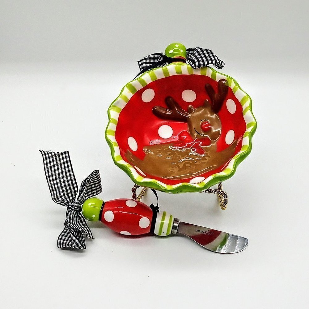 Mud Pie Holiday Reindeer Ceramic Bowl & Knife Spreader